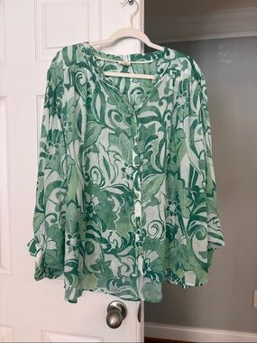 Pilcro Green Floral-Print Button Down Blouse